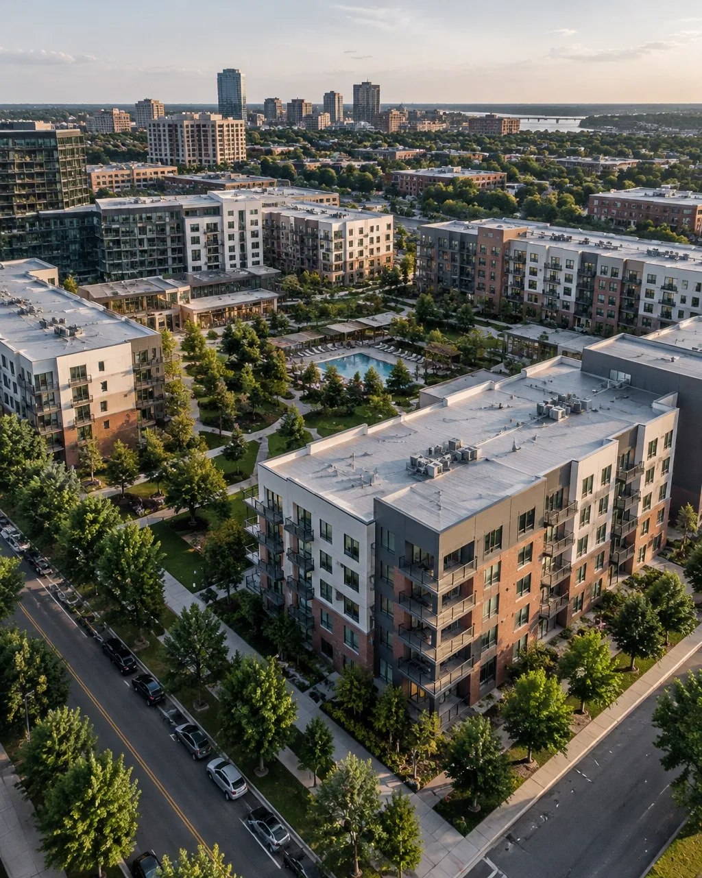 Aerial view of a large apartment community and surrounding area